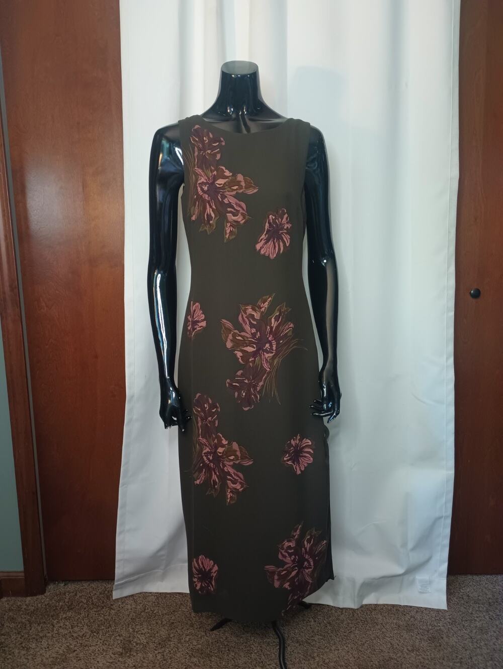 Vtg Petite Sophisticates Forest Fairy Silk Maxi Dress 6P Brown Floral Slit Y2K